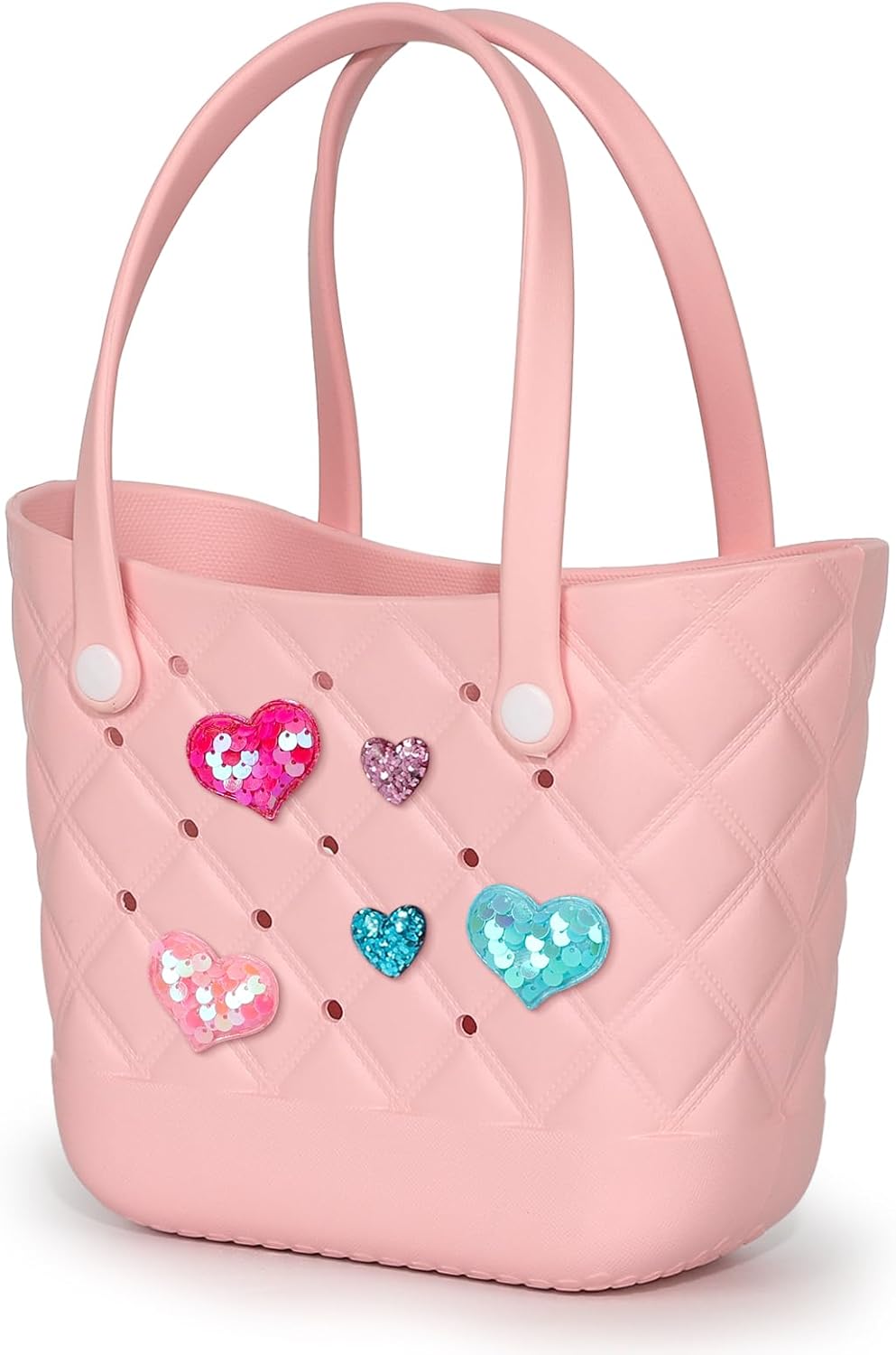 Kcizloz Small Rubber Tote Bag with 5 Charms Cute Beach Tote Small EVA Lightweight Bag for Beach,Travel,Groceries