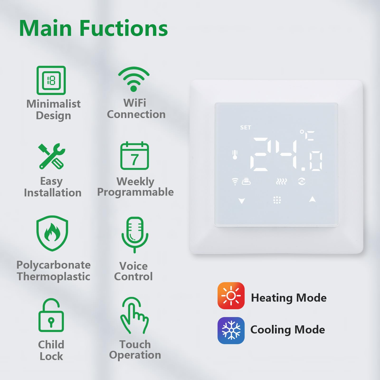 Wengart Thermostat Wi-FI WG511, Modes Chaud et Froid, détection d'ouverture de fenêtre réglable, Compatible Alexa et Google Home, AC230 V 3 A 2,4 GHz, Fonctionne pour Le Chauffage au Sol à Eau