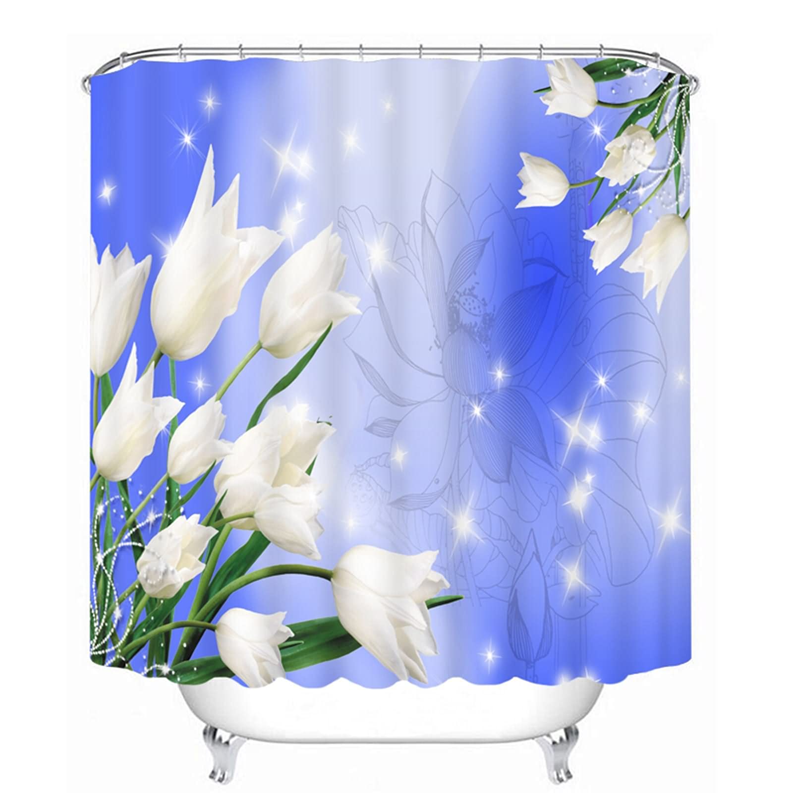 Rideau de douche japonais lys bleu blanc 200x180 pour salle de bain zen