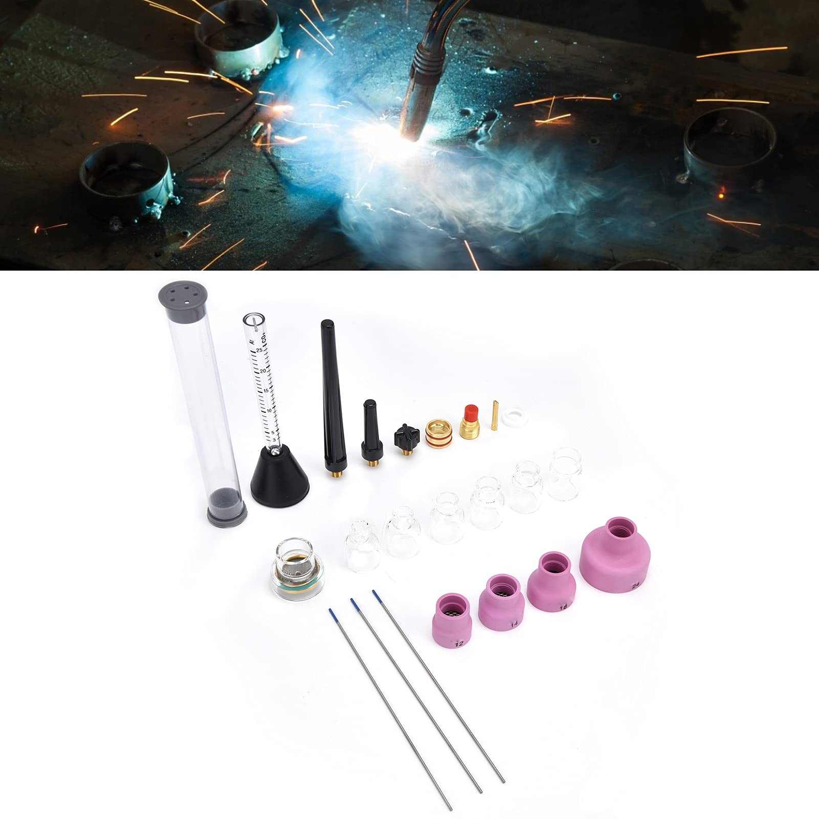 Yosoo Health Gear Zestaw Dysz do Spawania łukowego Argonem Akcesoria do Palnika Ceramicznego Przepływomierz Gazu 1,6 Mm i pierścień Uszczelniający Wbudowany Filtr Pistoletu Spawalniczego WP 9 20