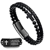 Mens Adjustable Cross Bracelet, Black Braided Leather Cuff with Stainless Steel Cross & Onyx Bead - 7.5-9 Inch Fit for Dad, Brother, Son - Bible Verse Christian Religious Gift for Men