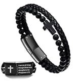 Mens Adjustable Cross Bracelet&comma; Black Braided Leather Cuff with Stainless Steel Cross & Onyx Bead - 7&period;5-9 Inch Fit for Dad&comma; Brother&comma; Son - Bible Verse Christian Religious Gift for Men