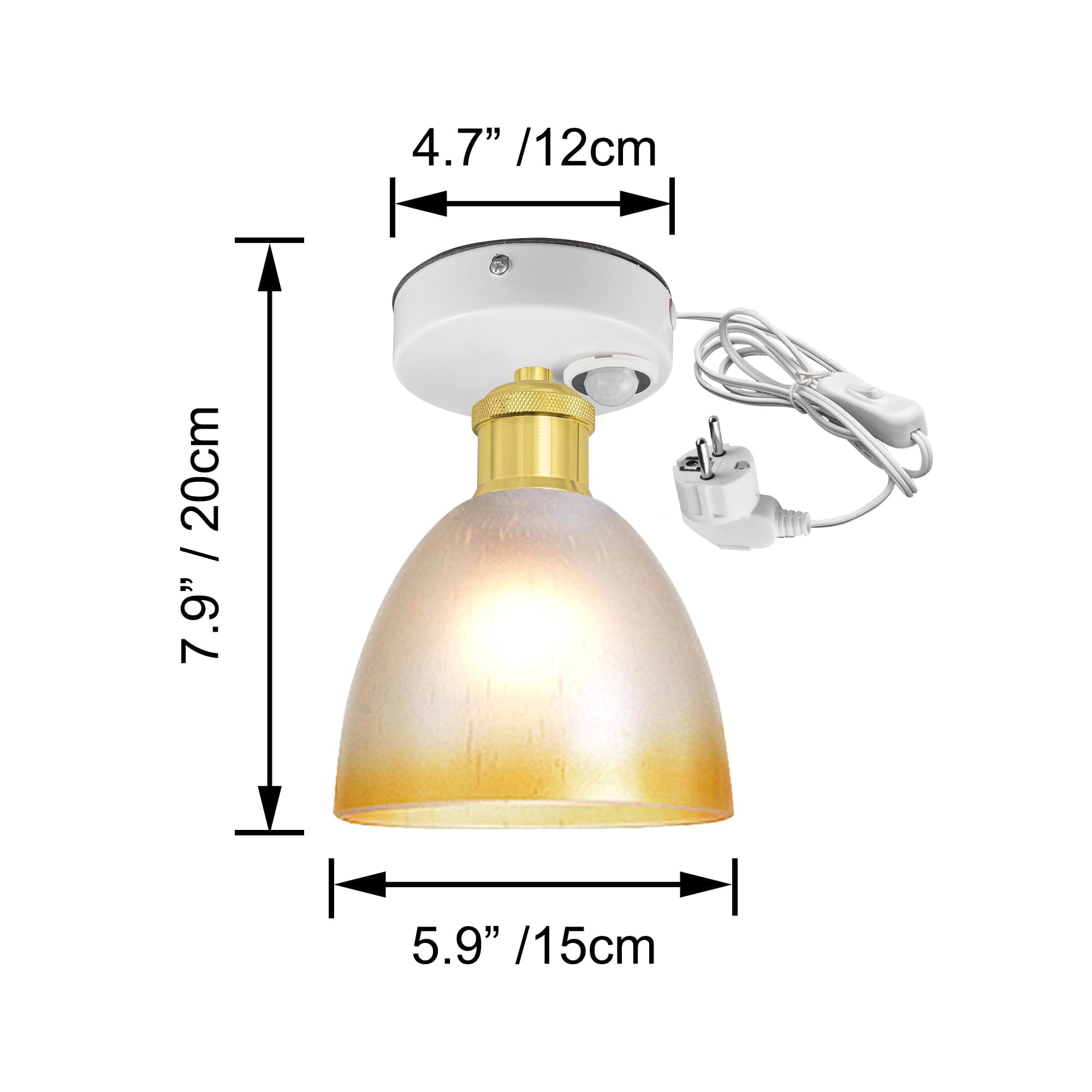 Plafoniera con sensore di movimento interno, moderna lampada da soffitto in vetro, sensore di movimento radar con cavo da 4,5 m e portalampada E27, per corridoio, bagno, scale, garage, oro