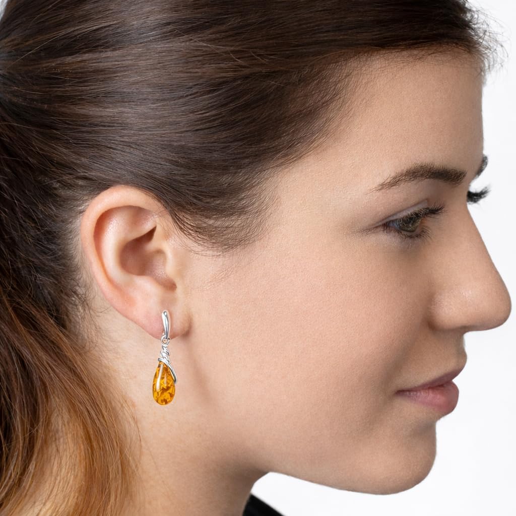 Genuine Baltic Honey Amber Eleanor Drop Earrings for Women – 925 Sterling Silver Teardrop Post Back Earrings, Natural Amber Jewelry with Certificate - Image 4