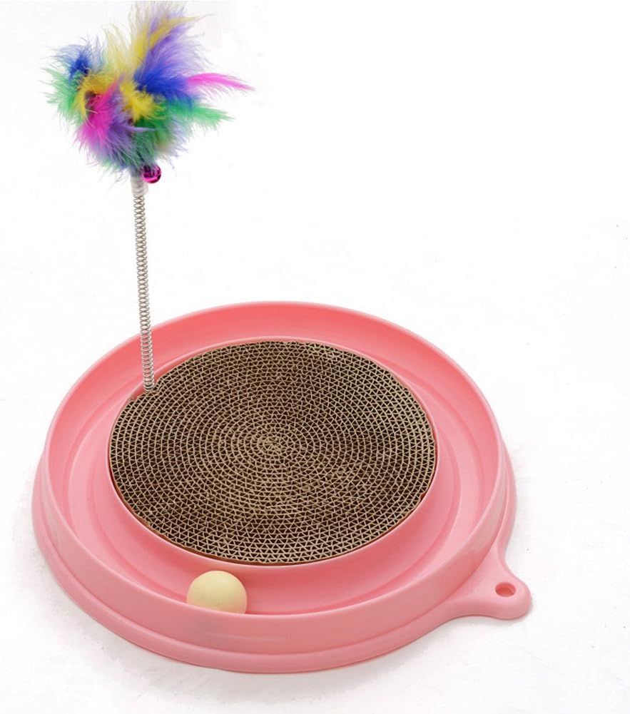 Pethouzz Circular Plastic Corrugated Paper Playing Board Cat Scratch Board with Feather and Track Cat Puzzle Pet Toy (Pink)