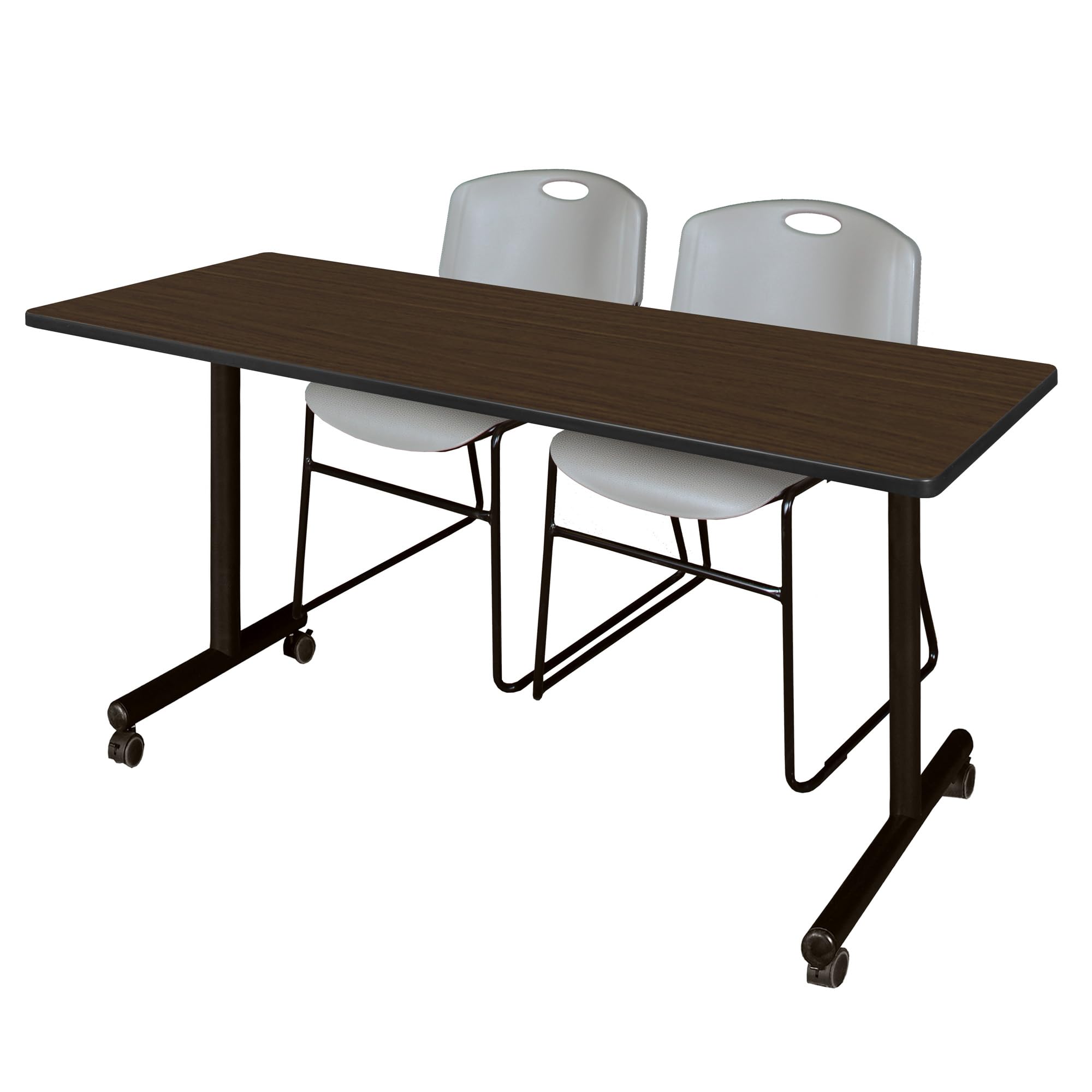 Regency Kobe 60 x 24 in. Mobile T-Base Training Table- Neo Walnut, 2 Zeng Stack Chairs- Grey