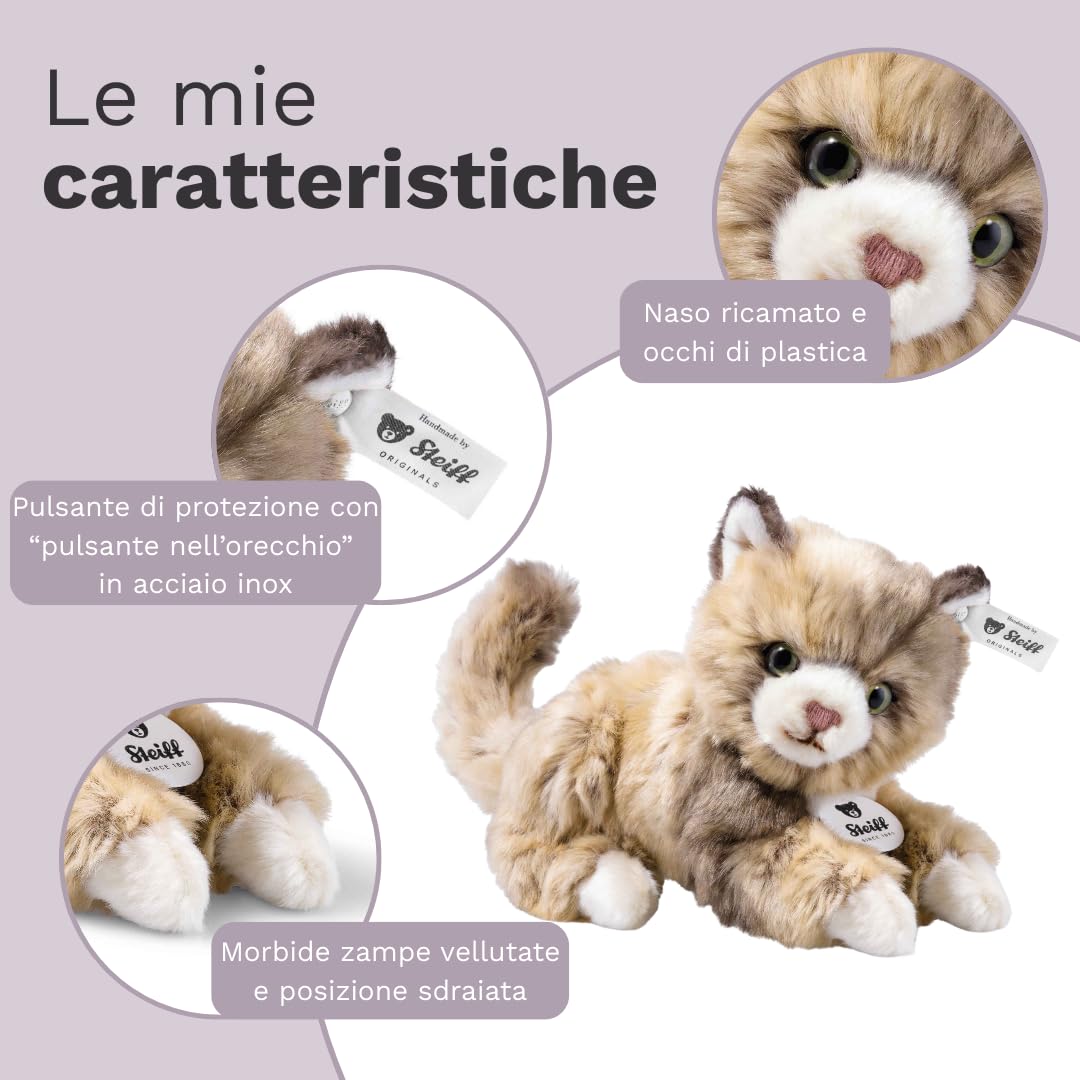 Steiff Peluche Gatto Lucy, dolce animale di stoffa con occhi in plastica per bambini e bambine, pupazzo di 18 cm, beige, 099663