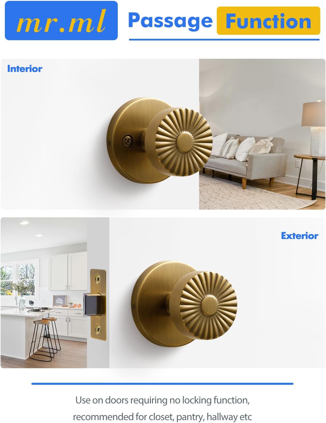 Passage Door Knob Antique Brass Retro Door Knob, Interior Hall Closet Vintage Door Handle Kitchen Pantry Laundry Room Brushed Doorknob, Stainless Steel Knob, 1 Pack