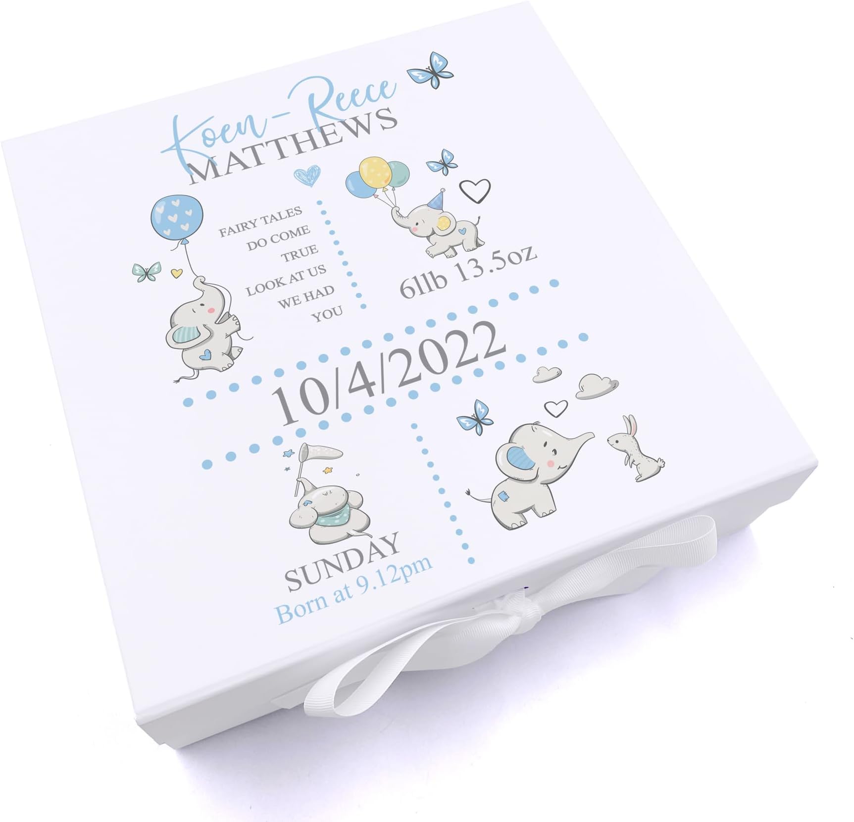 Personalised Baby Boy Elephants Design Keepsake Memory Box (Large)