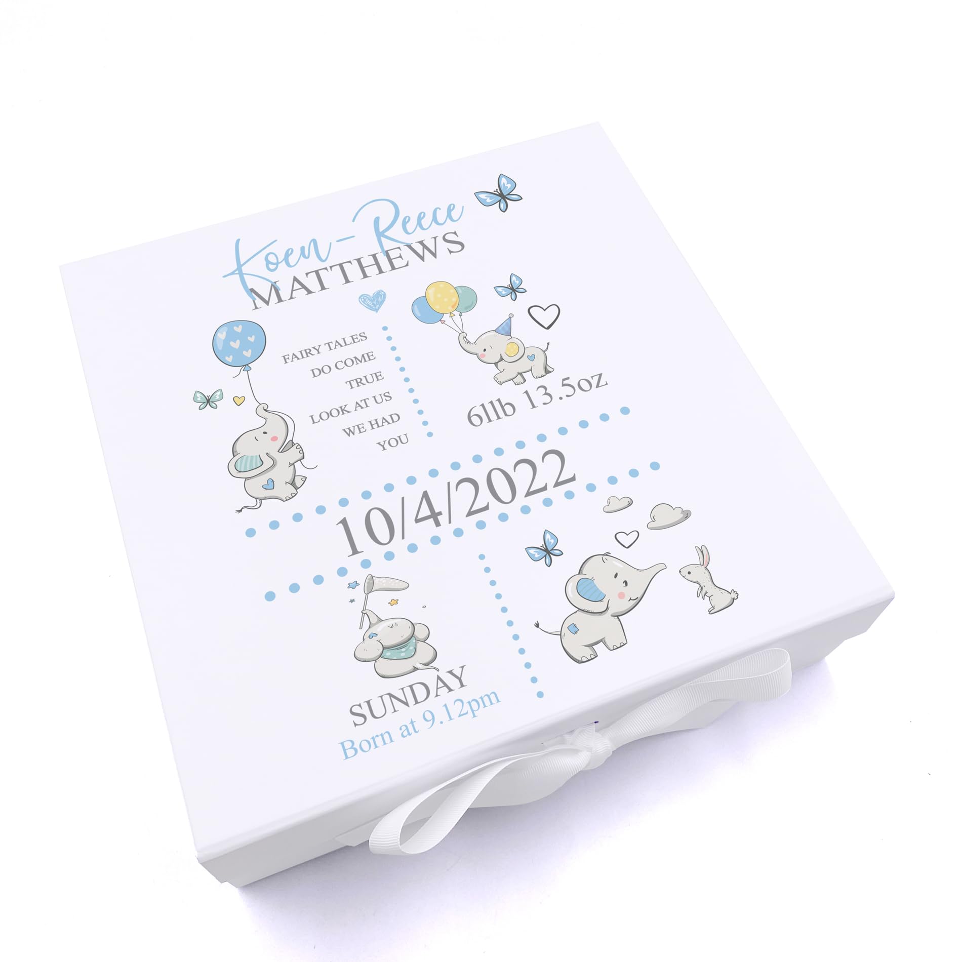 Personalised Baby Boy Elephants Design Keepsake Memory Box (Large)