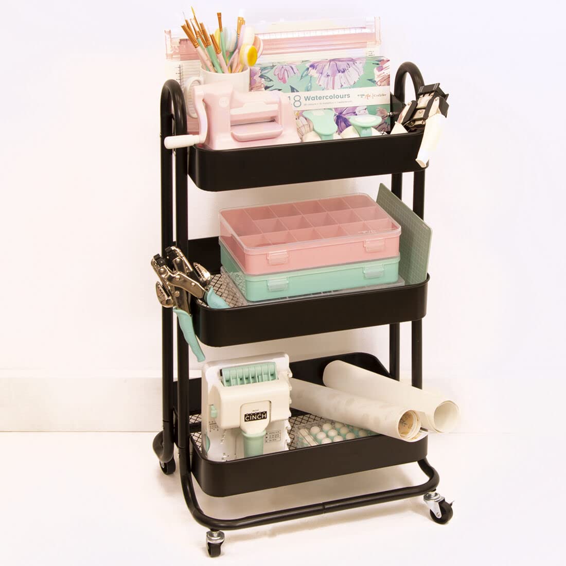 Craftelier - Carrito Metálico de Organización con 3 Bandejas | 4 Ruedas Giratorias 360º con Frenos | Carga Máx. Bandeja 2,99 kg | Distancia Entre Bandejas 25,5 cm | Tamaño 78 x 40 cm - Color Negro