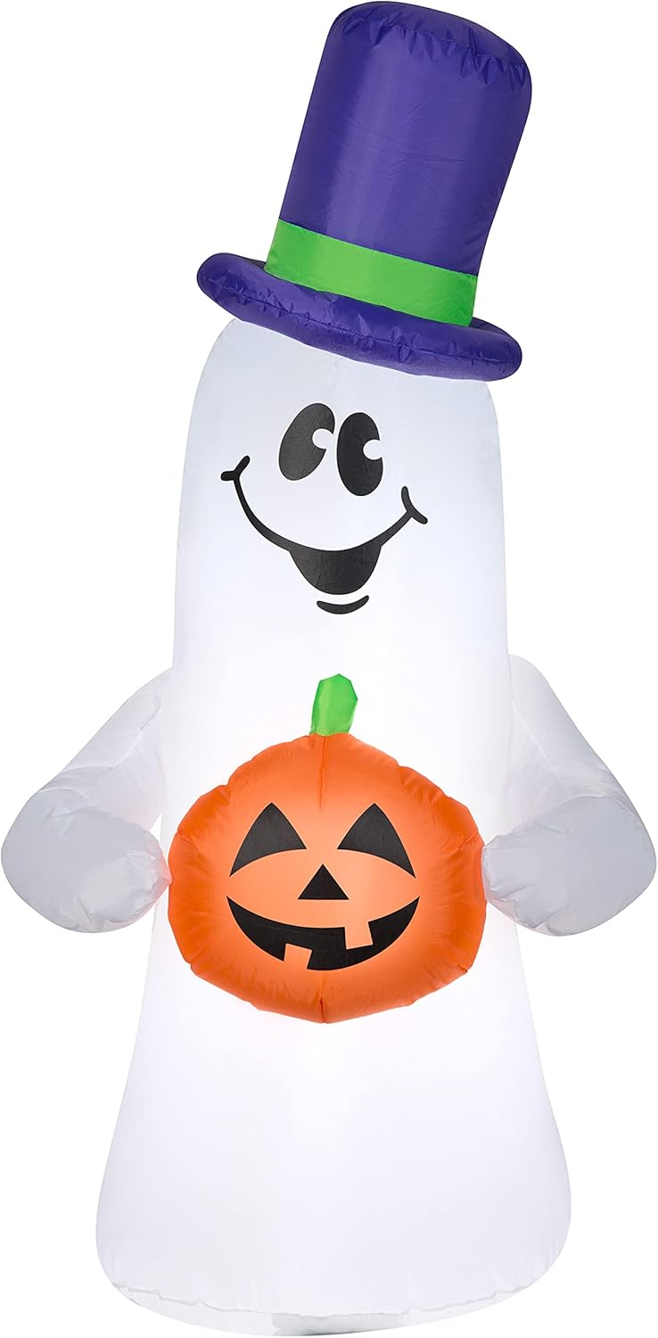 Gemmy Christmas Airblown Inflatable Ghost w/Top Hat Holding JOL, 4 ft Tall, white