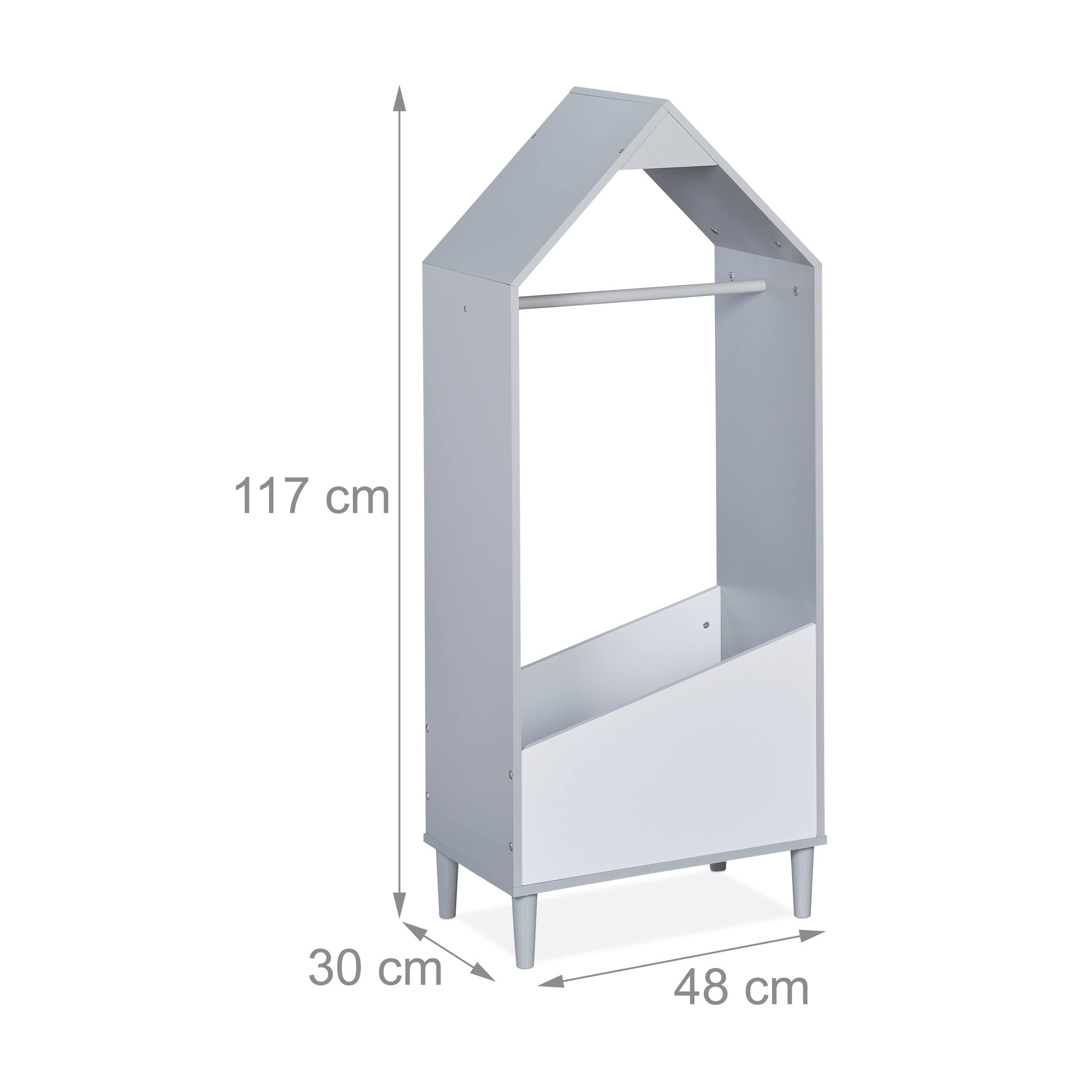Appendiabiti Per Bambini Con Ripiano - Design A Casetta - Grigio E Bianco - Per Cameretta - 117x48x30 Cm