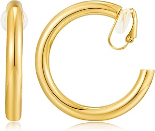 Gold Clip On Hoop Earrings for Women Classic Large Chunky Hoops Clip On Earrings Non Pierced Hoop Earrings Minimalistic Hoop Clip Earrings