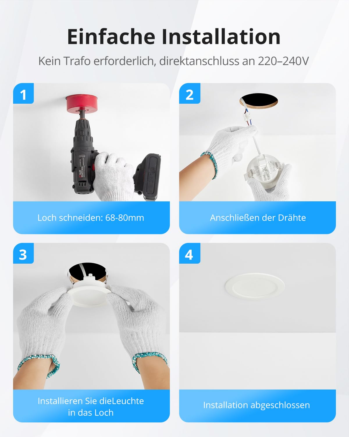 Gr4tec LED Einbaustrahler 230V IP65, 10er-Set 5W LED Spots Flach Neutralweiß 4000K 400LM, Deckenspots 68-80mm Loch, Spots Deckenleuchte Einbauleuchten Weiß für Badezimmer Küche Wohnzimmer