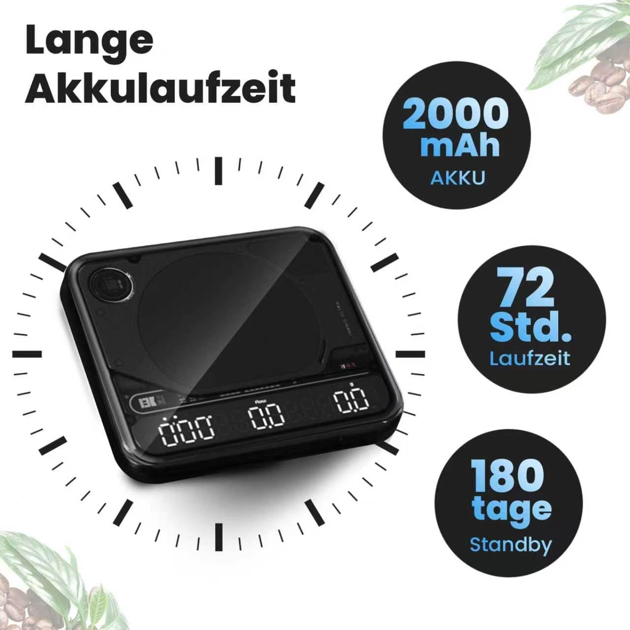 BOOKOO Kaffeewaage mit Timer, 0,1 g hochpräzise Espresso Waage, 2 kg, 4 Modi, Bluetooth-App & Flow Rate, IP67 wasserdicht, Akku bis zu 72h (2000mAh), USB wiederaufladbar, für Espresso & Pour Over