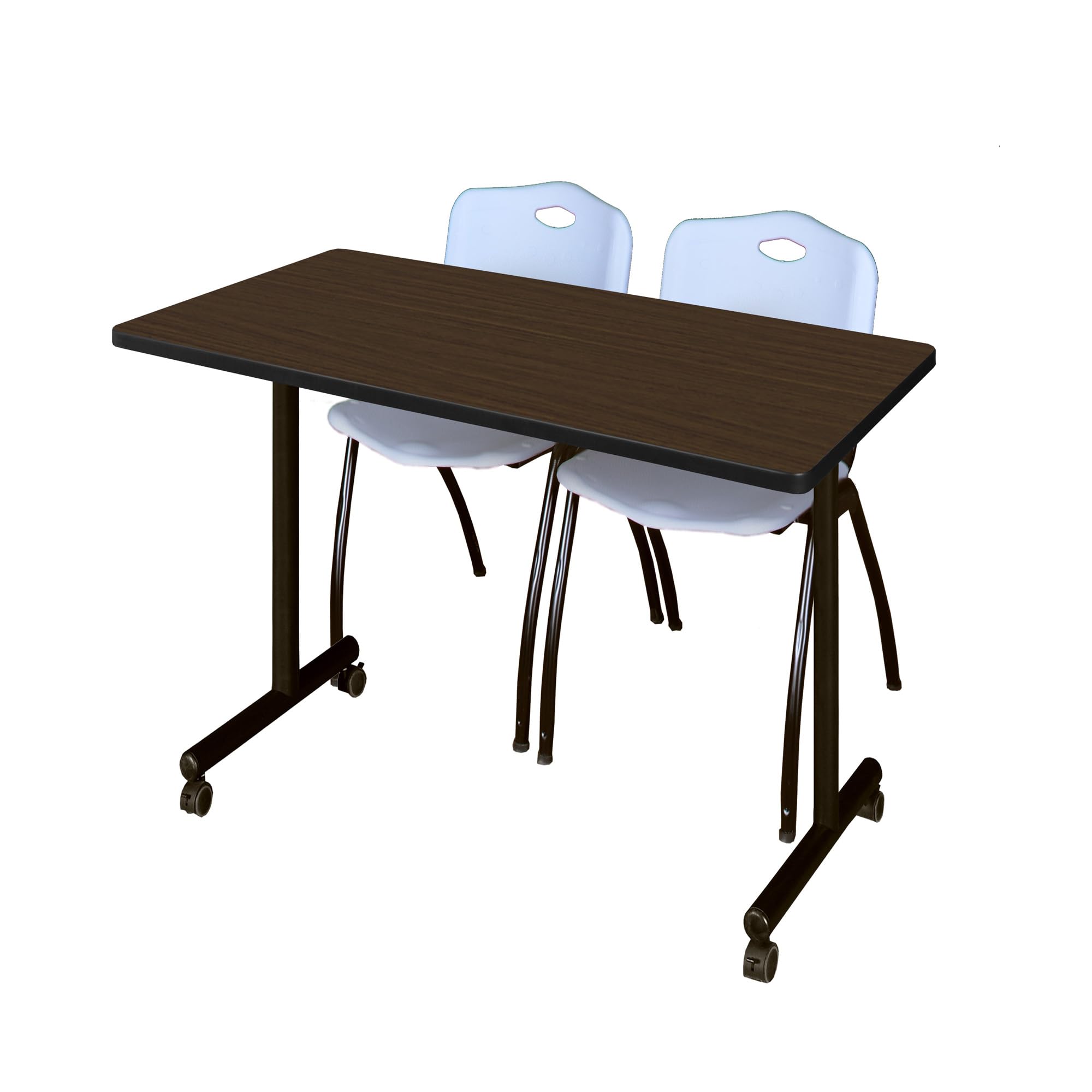 Romig Axis-Pro 48 x 24 in. Mobile T-Base Training Table- Neo Walnut, 2 M Stack Chairs- Grey