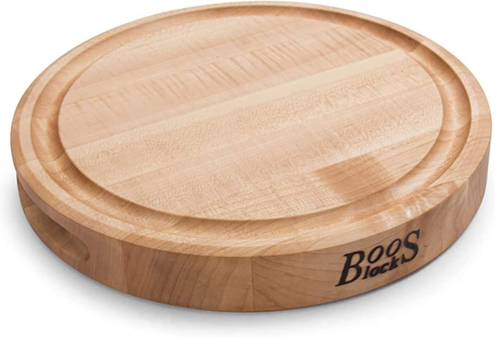 John Boos CB Series Round Wooden Maple Cutting Board 12”x12” – 1.75” Thick, 7-lb Reversible Butcher Block with Juice Groove, Edge-Grain & Finger Grips – Made in the USA