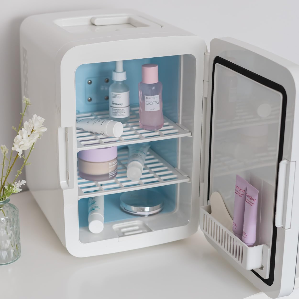 Flamingueo Nevera Pequeña 10L - Mini Nevera Espejo y Luz LED, 12V/220V, Función Frío y Calor, Nevera Cosmeticos y Skincare, Mini Fridge