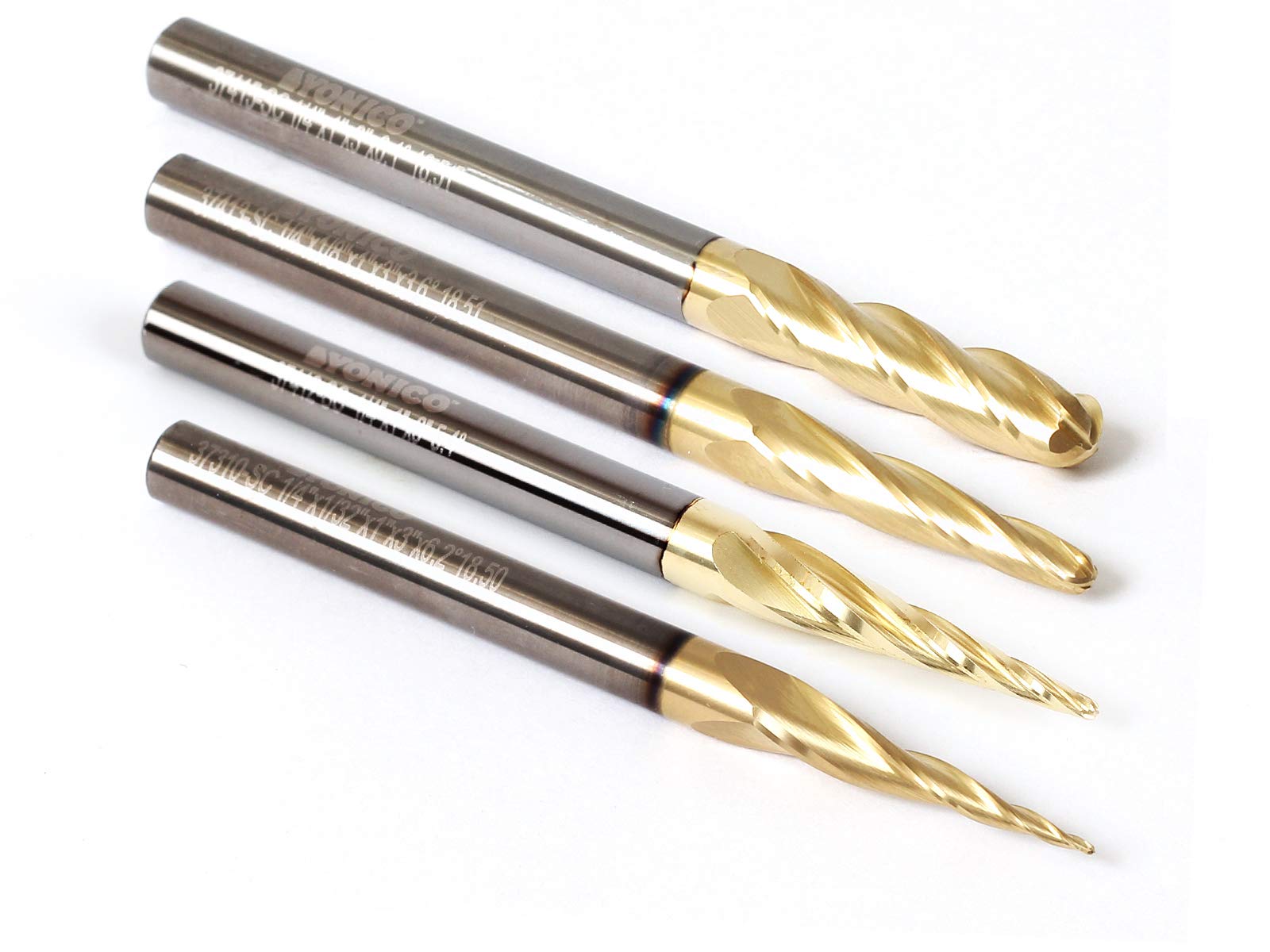 Yonico Tapered Endmill Ball Nose Router Bits CNC Engraver Solid Carbide Spiral 4 Bit 1/4-Inch Shank 37004-SC