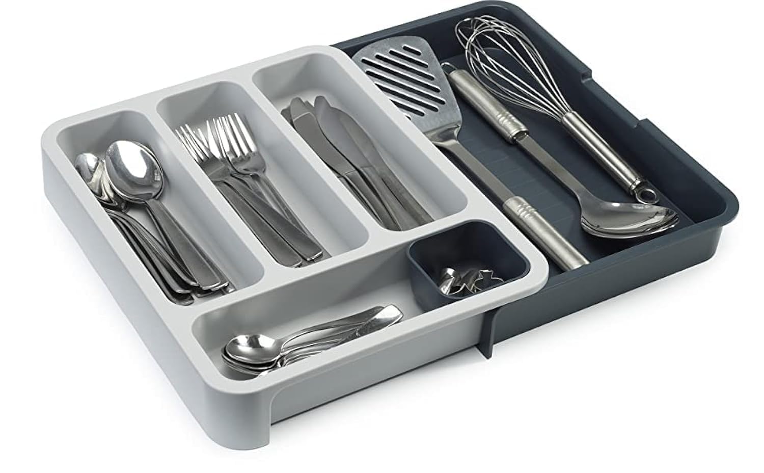 Styxon Kitchen Drawer Organizer - Expandable Silverware Organizer/Utensil Holder and Cutlery Tray with Drawer Dividers for Flatware and Kitchen Utensils | Gray & White | Plastic
