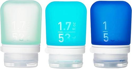 humangear GoToob+ - Paquete de 3 botellas de viaje de silicona recargable, tapa de bloqueo, material seguro para alimentos, menta, aguamarina, verde