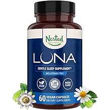 Nested Naturals Luna Sleep Supplement, Melatonin Free, Non-Habit Forming Herbal Sleep Supplement, Adult Bedtime Support, Help Sleeping w/Chamomile, Valerian, L-Theanine, 60 Vegan Capsules