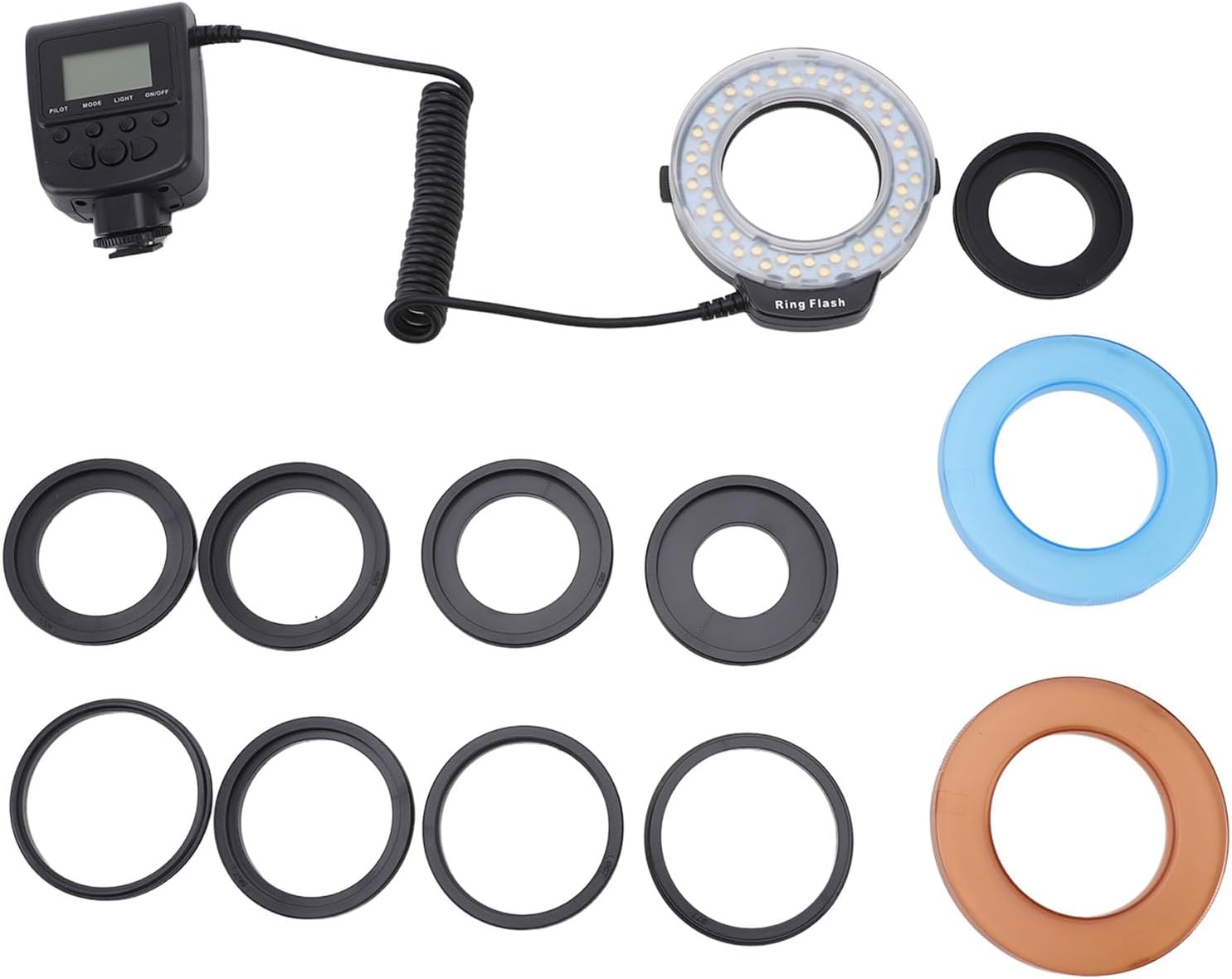 48 Macro LED Flash Light with LCD Display, 4 Lighting Modes, 7 Brightness Levels, Flash Light with Adapter Rings and Flash Diffusers for DSLR Cameras