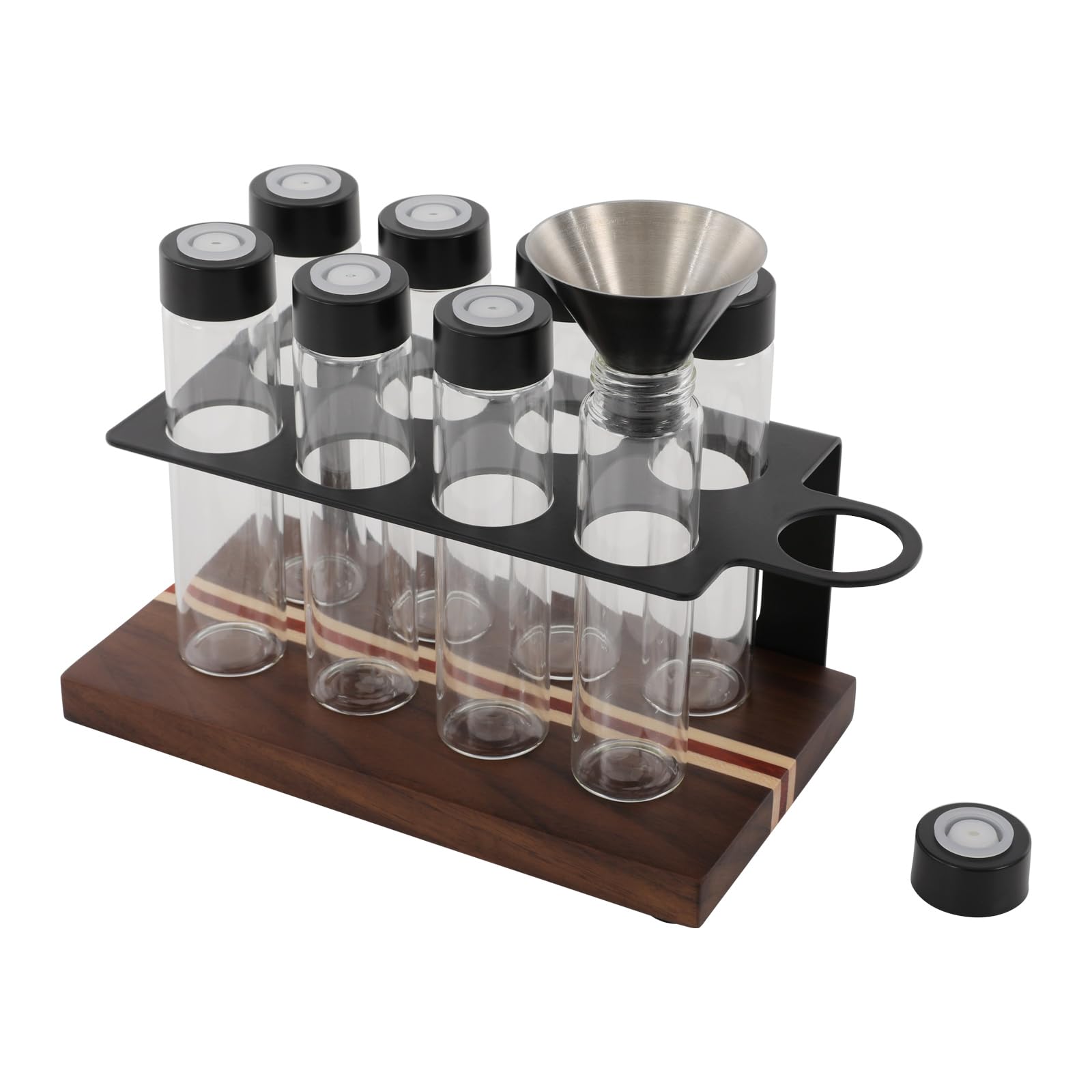 Pojemnik na 8 tubek ziaren kawy, pojedyncza dawka ze stojakiem i lejkiem, pojemnik do przechowywania ziaren espresso, jednorazowy zawór wylotowy, pojemność 18-22 g, czarny