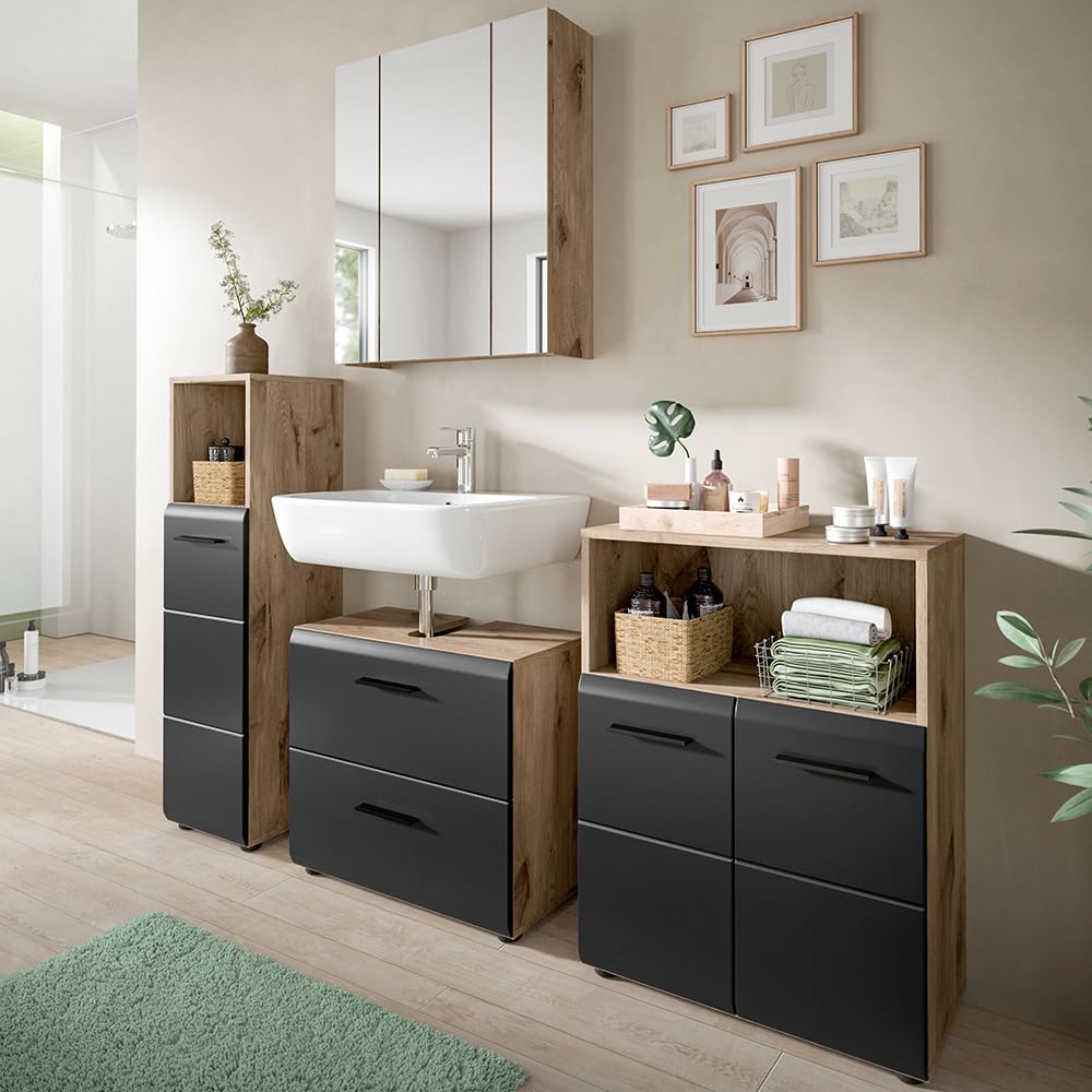 Lomadox Badezimmer Badmöbel-Set 4-teilig in Eiche mit schwarz matt, mit 1 Midischrank, 1 Unterschrank, 1 Spiegelschrank mit 3D-Funktion & 1 Waschbeckenschrank