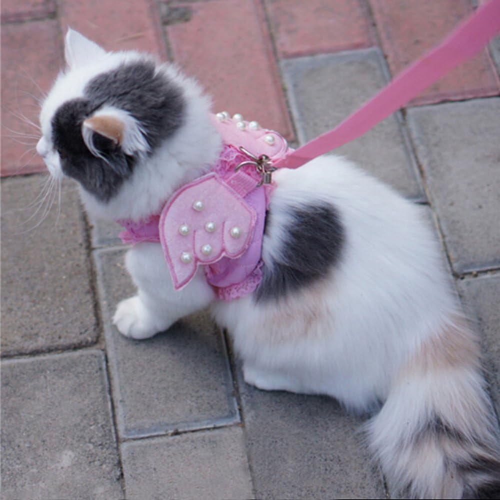 Adorable Cat Dog Kitty Puppy Safety Walking Vest Harness Leash Set Wings Costume Lace Peals (Pink, Medium)