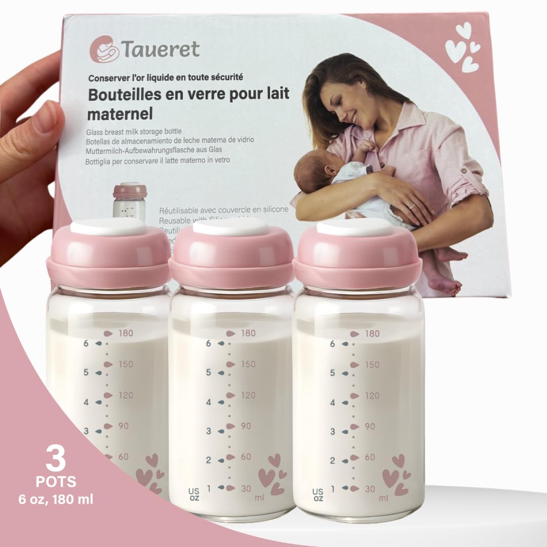 Bottiglie di latte materno in vetro borosilicato 180 ml – Conservazione latte materno nel congelatore – Contenitore riutilizzabile per bambini con coperchio in silicone