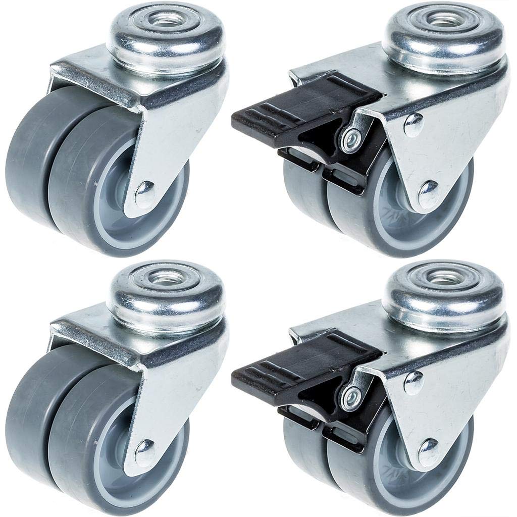 Rueda doble de 50 mm con rueda giratoria y freno de goma gris 280 kg de capacidad, juego de 4
