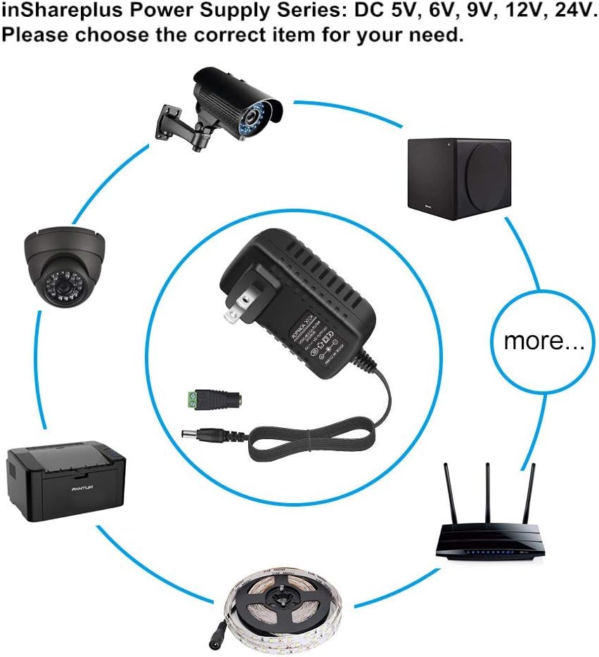 Diagram showing the inShareplus power supply connected to various devices such as LED strip lights, CCTV cameras, speakers, printers, and routers, illustrating its wide application.