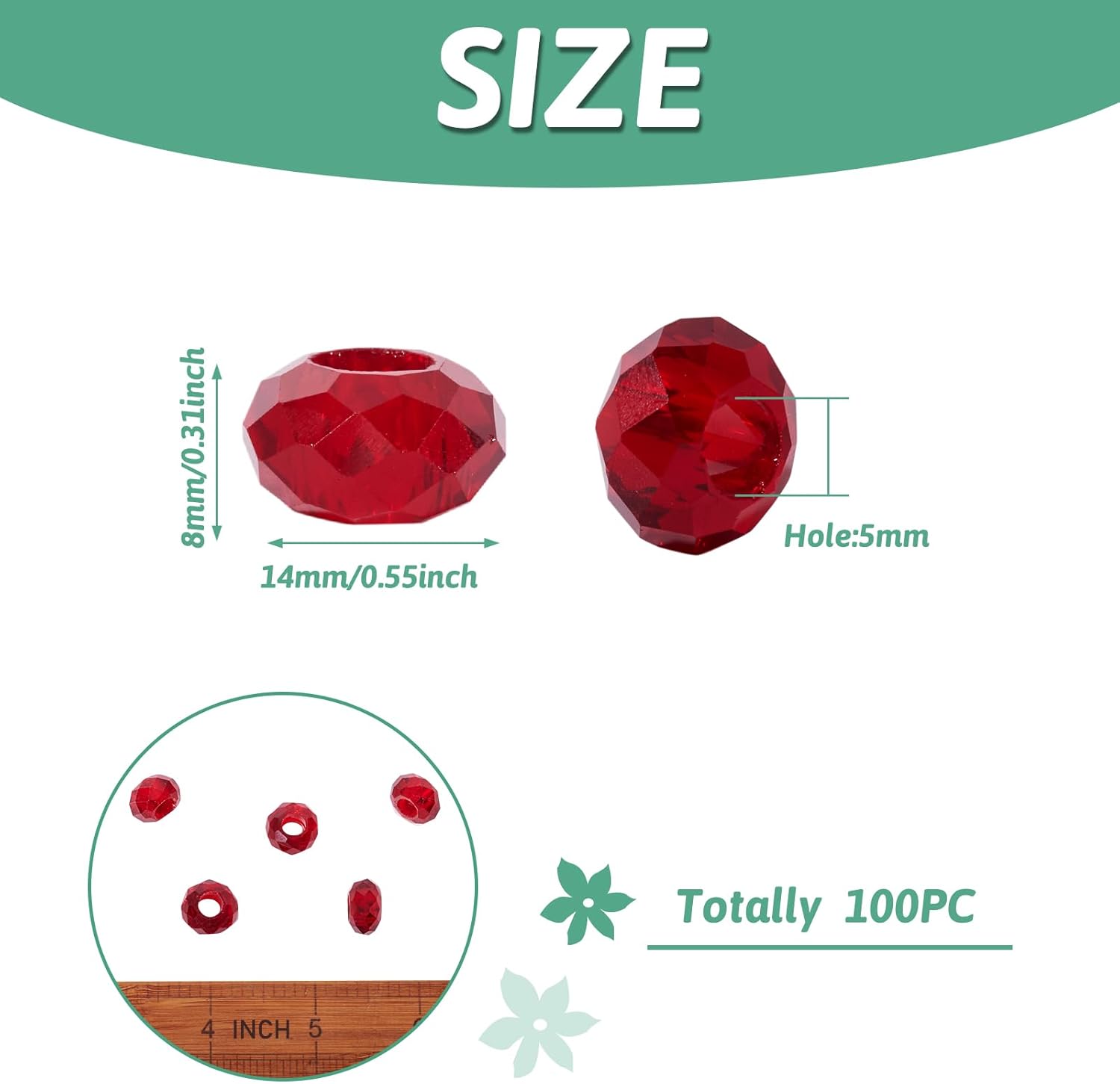 Cheriswelry 100pcs Red Faceted Glass European Rondelle Large Hole Crystal Loose Spacer Beads No Metal Core Slide Charms 14x8mm for DIY Bracelet Craft Jewelry Making - Image 2