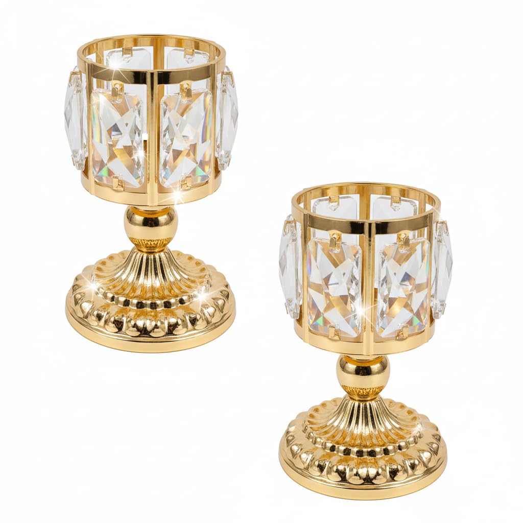 Olrla Crystal Tealight Candle Holders Set of 2 - Elegant Gold Table Centrepieces for Weddings, Parties & Home Decor