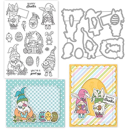 ORIGACH Easter Gnome Stamps and Dies for Card Making Chicken Rabbit Dies and Stamps Set for DIY Scrapbooking Album Decorative