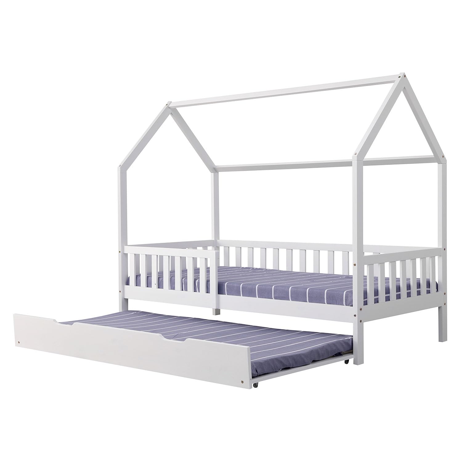 Happy Garden Cama de 190 x 90 cm, Color Blanco Martillo, Marco de Cama de Madera Maciza de Pino con somier de láminas, barrotes de Seguridad y Cama Nido