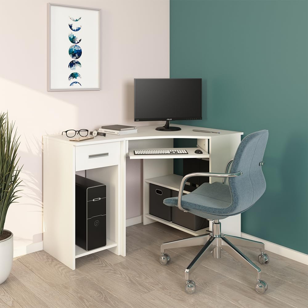 Vicco Scrivania angolare Odin, Bianco, 83 x 76 cm | con ripiano estraibile per tastiera e superfici di appoggio