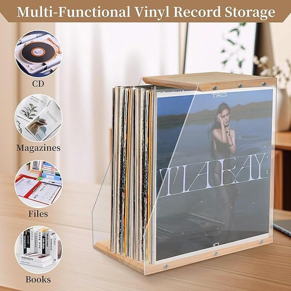 Supporto per dischi in vinile con ripiano portaoggetti per una