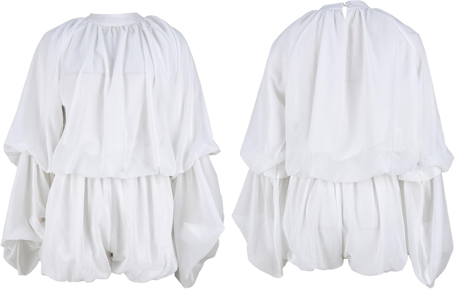 Unybwonn Women Shorts Sets Ruched Mock Neck Bell Sleeve Chiffon Top Blouse Pleated Ruffle Bubble Short Set Romper - Image 6