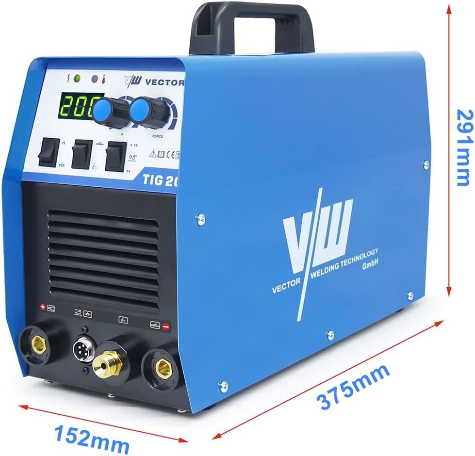 Side view of the VECTOR WELDING DC TIG 200A IGBT Combi Welding Machine with dimensions