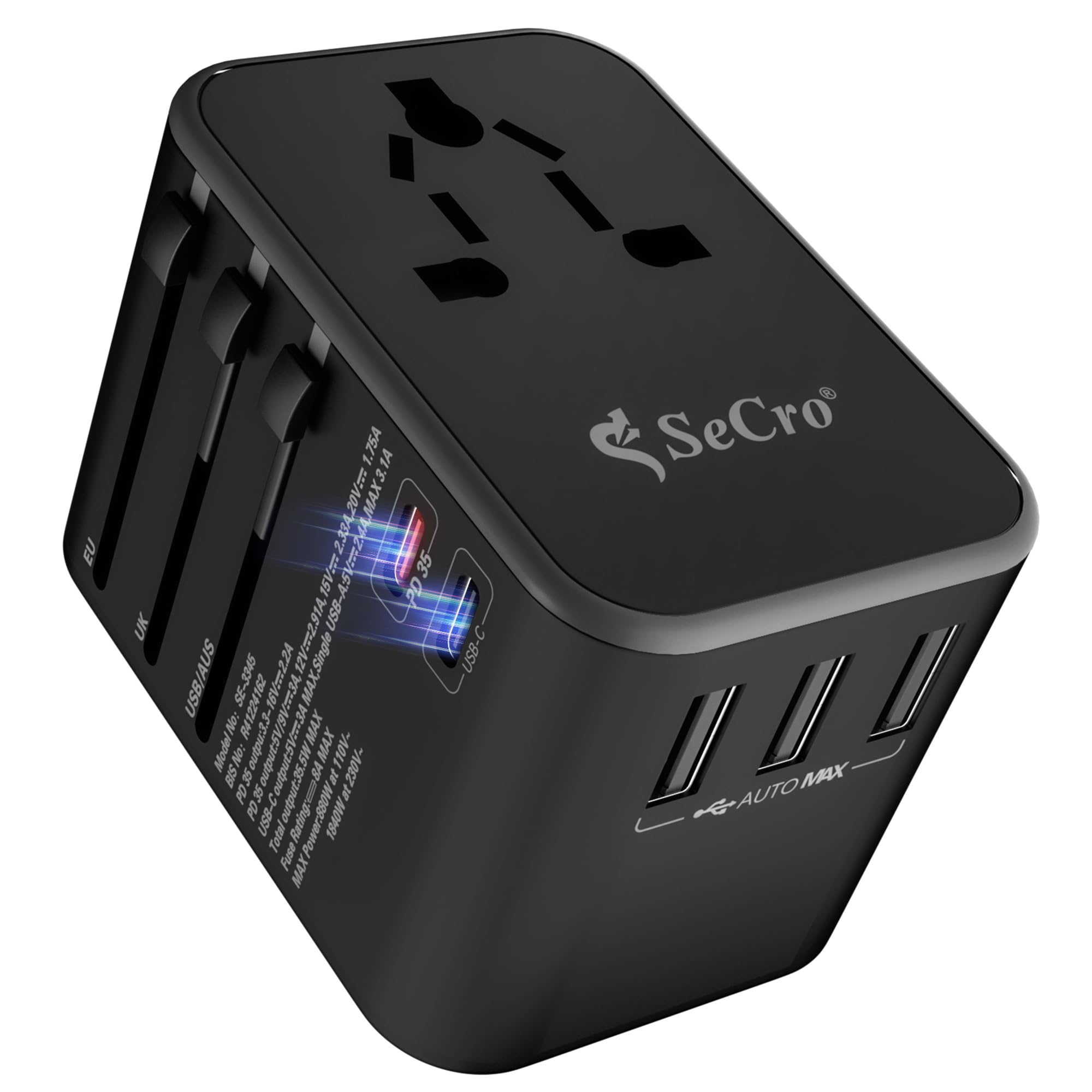 SeCro 6 in 1 Universal Charger Adapter, | 35W PD Fast Charger | 10 Years Warranty | International Travel Adapter with PD, Type C & 3 USB Ports | Worldwide Travel Charger Support +150 Countries — Amazon image 4