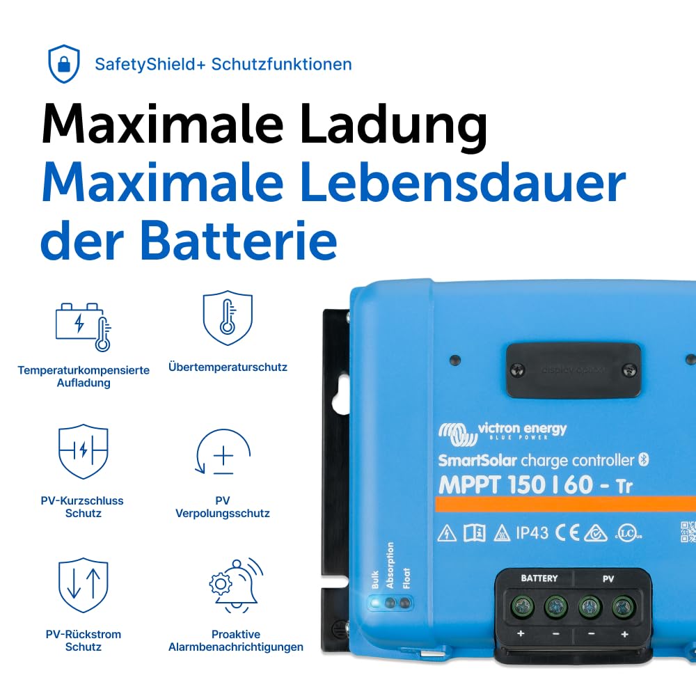Victron Energy SmartSolar MPPT Tr Laderegler (Bluetooth) - Solar Laderegler - 150V 60 Amp 12/24/36/48-Volt
