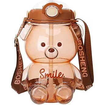 Kawaii Bear Straw Bottle Portable Bear Shaped Water Bottle with Straw and Carrying Strap Water Bottle with Adjustable Shoulder Strap Outdoor Travel