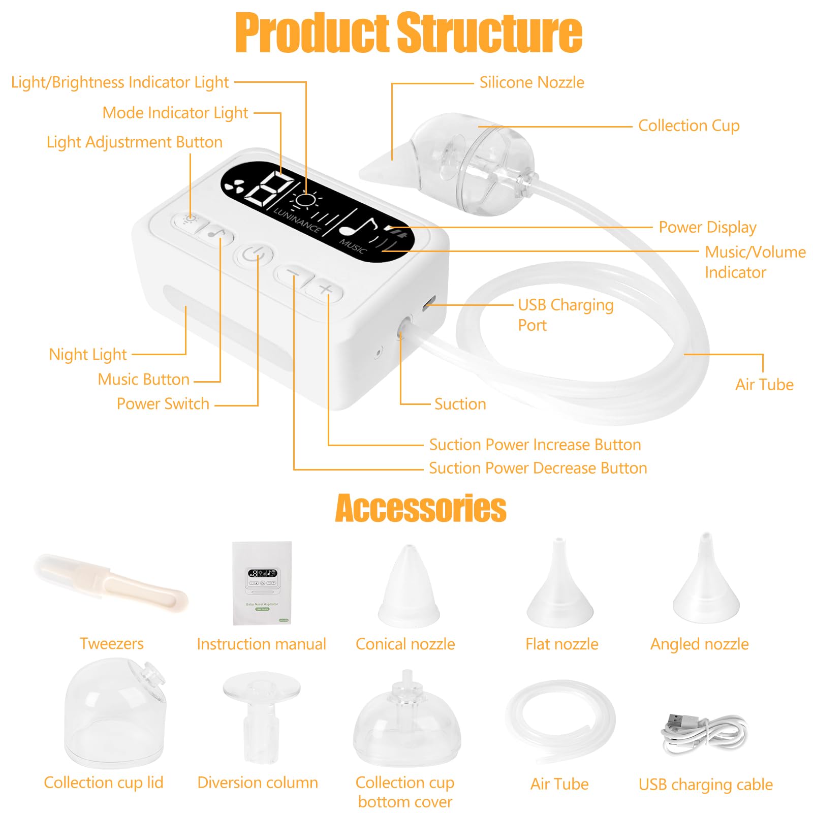 Aspirateur nasal électrique pour bébé – 9 niveaux d’aspiration, rechargeable, avec musique et lumière, facile à nettoyer, portable