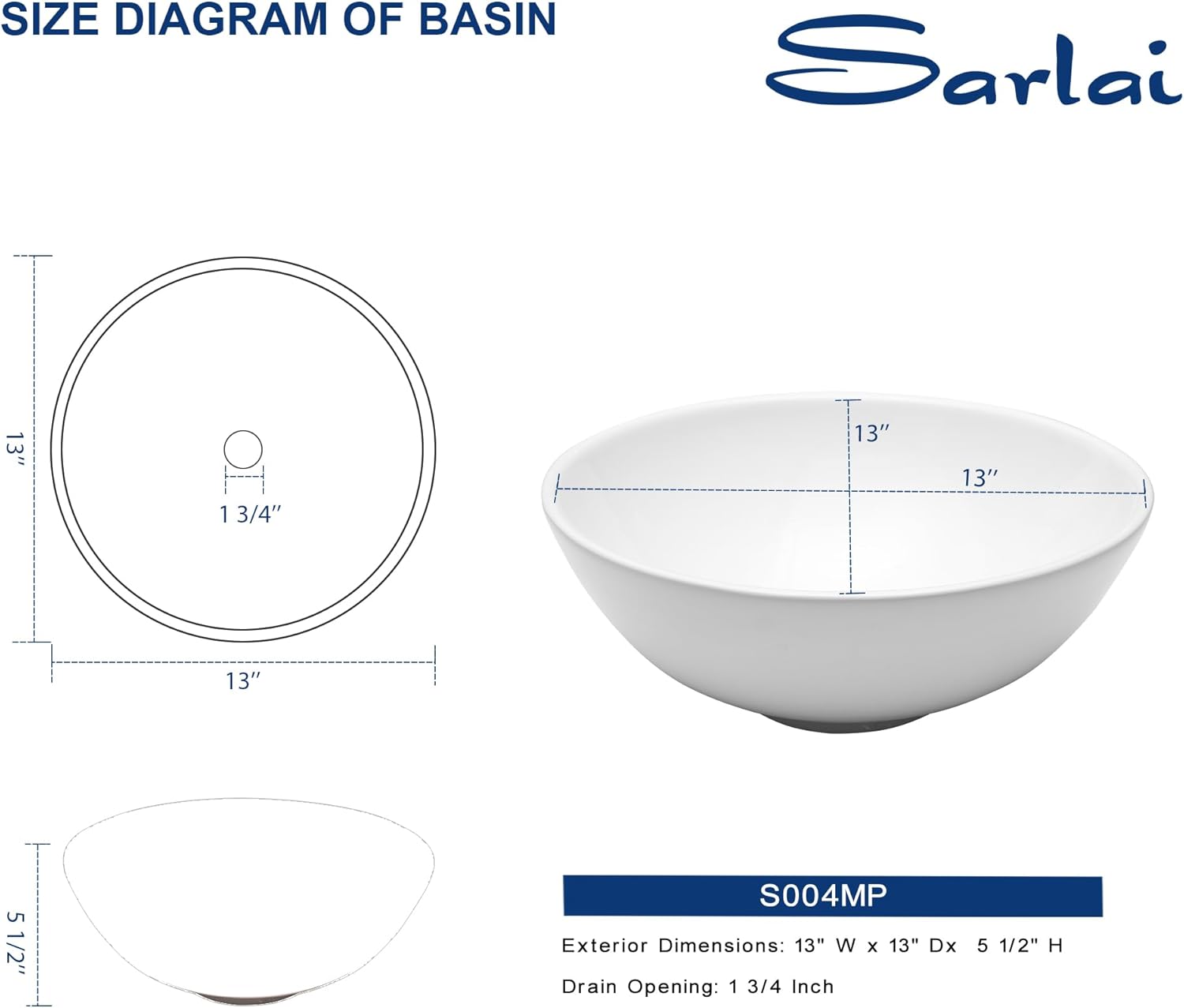Sarlai Vessel Sink Round - 13"x13" Modern Small Bathroom Sink Round Bowl Above Counter White Porcelain Ceramic Bathroom Vessel Vanity Sink Art Basin