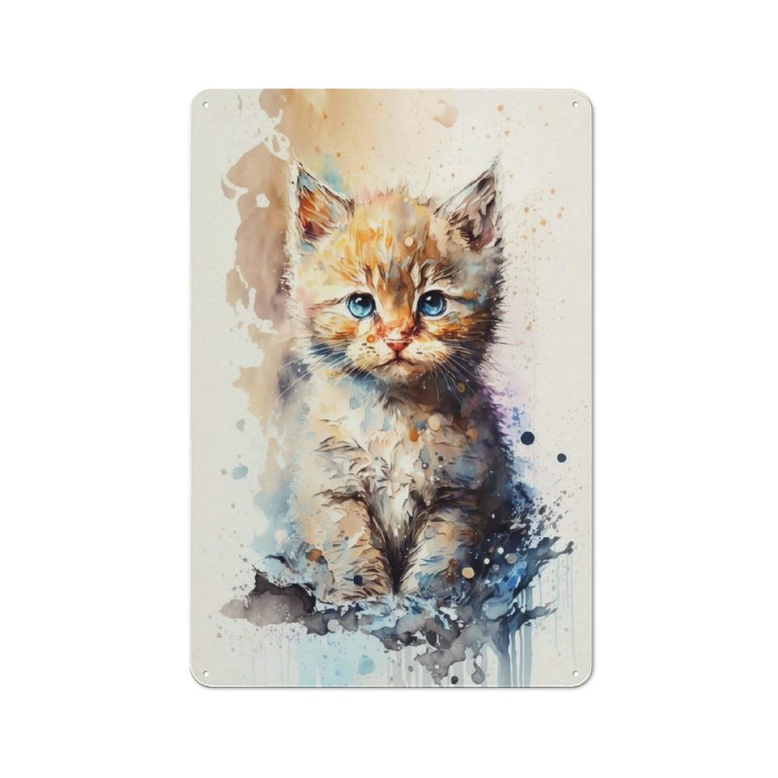 For Café Or Restaurant, Cat Watercolor Drawing Vintage Tin Wall Plaque 30x20cm, New Home Wall Decor for Café Owners And Decorators