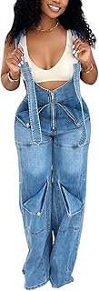 Vakkest Women's High Waisted Cargo Denim Overalls Loose Straight Jumpsuit with Adjustable Straps Zipper Closure