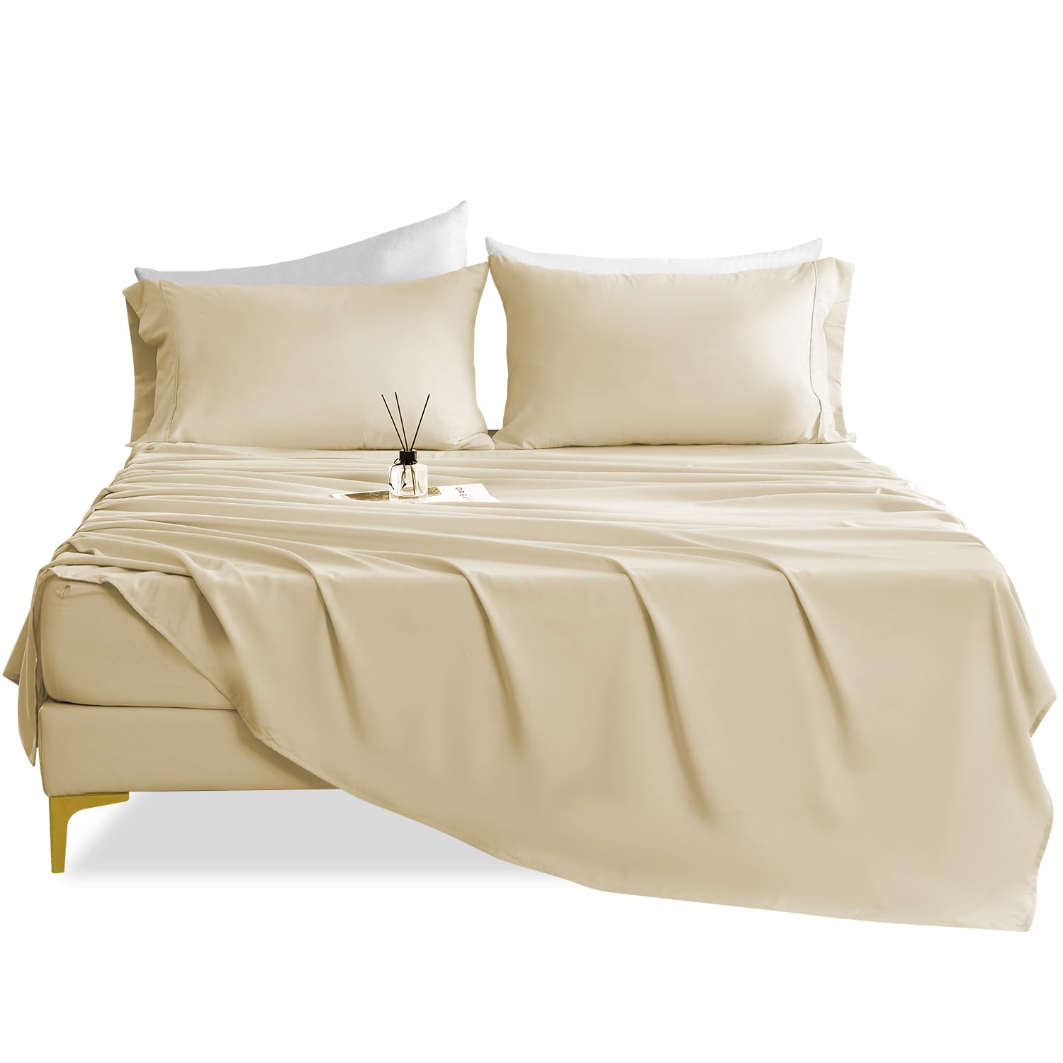 Deep Pocket Super Soft Queen Sheet Set - Luxury 4 Piece Breathable Cooling Sheets for Queen Size Bed, Fits 16" Mattress, Easy Care Wrinkle Free Bedding Sheet and Pillowcase Set, Beige